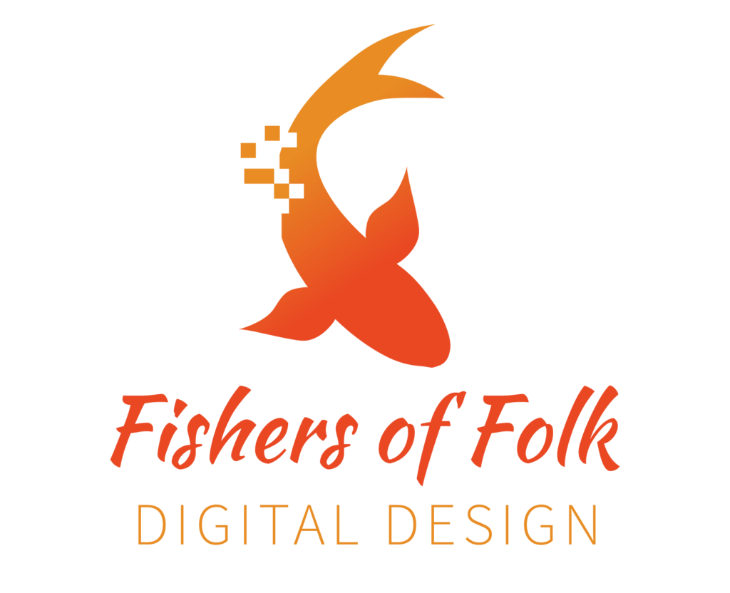 Fishers of Folk Digital Design logo of an orange, pixelated fish