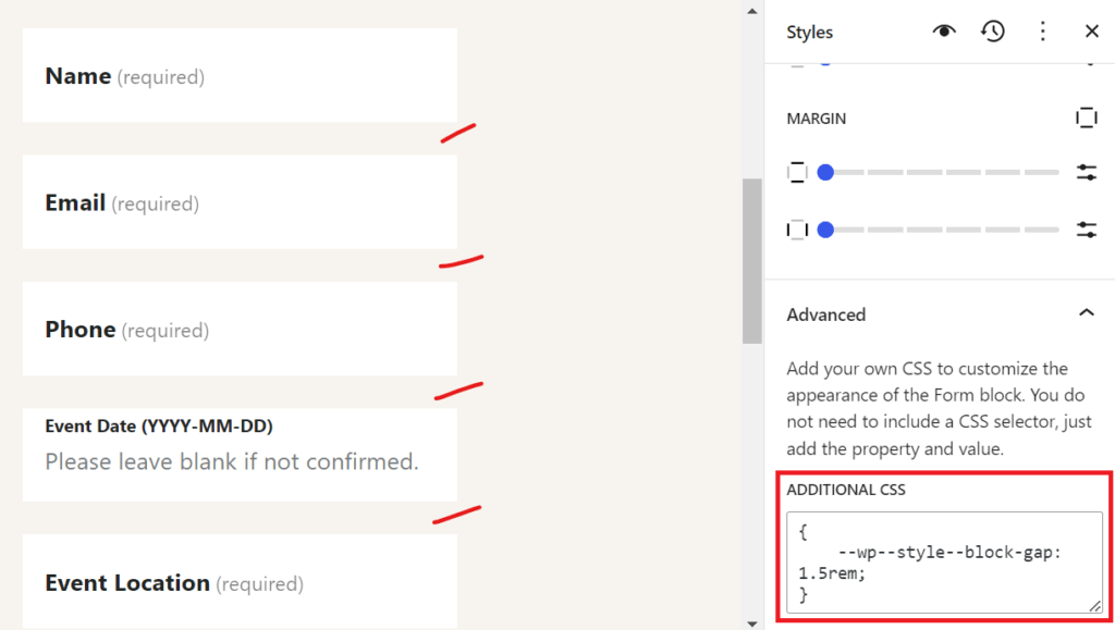 Screenshot of the form after adding CSS, with new block spacing marked.