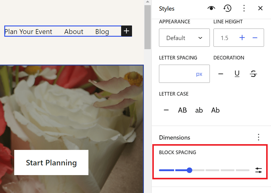 A screenshot illustrating Step 2b. Add the desired spacing to the Navigation block.