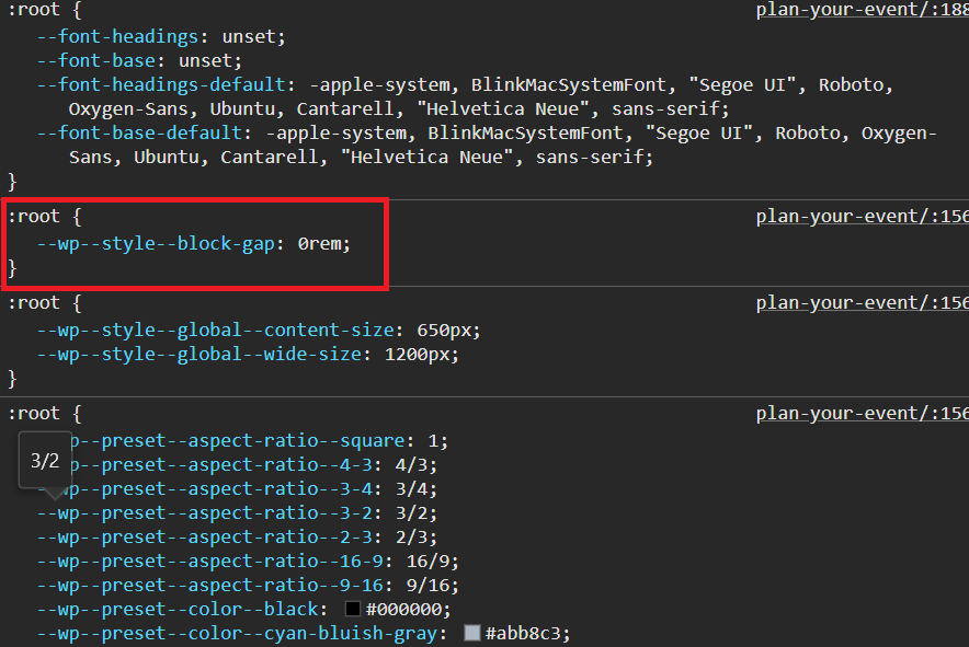 Screenshot of the inherited block spacing as seen in browser Inspect.