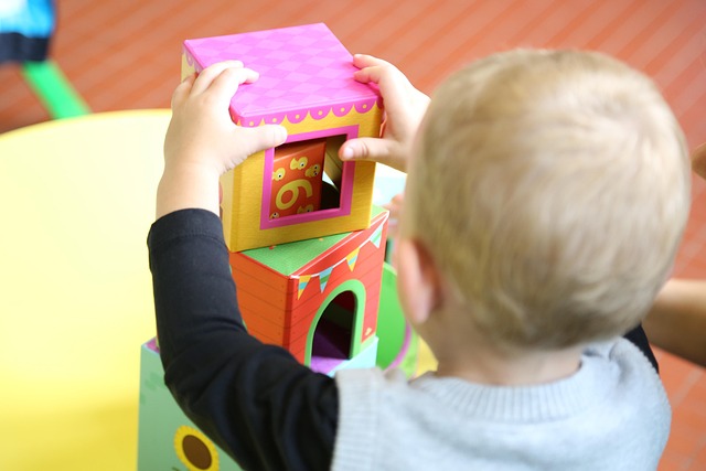Young child playing with blocks.