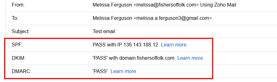 A screenshot of an email header, showing that SPF, DKIM, and DMARC all pass email authentication.